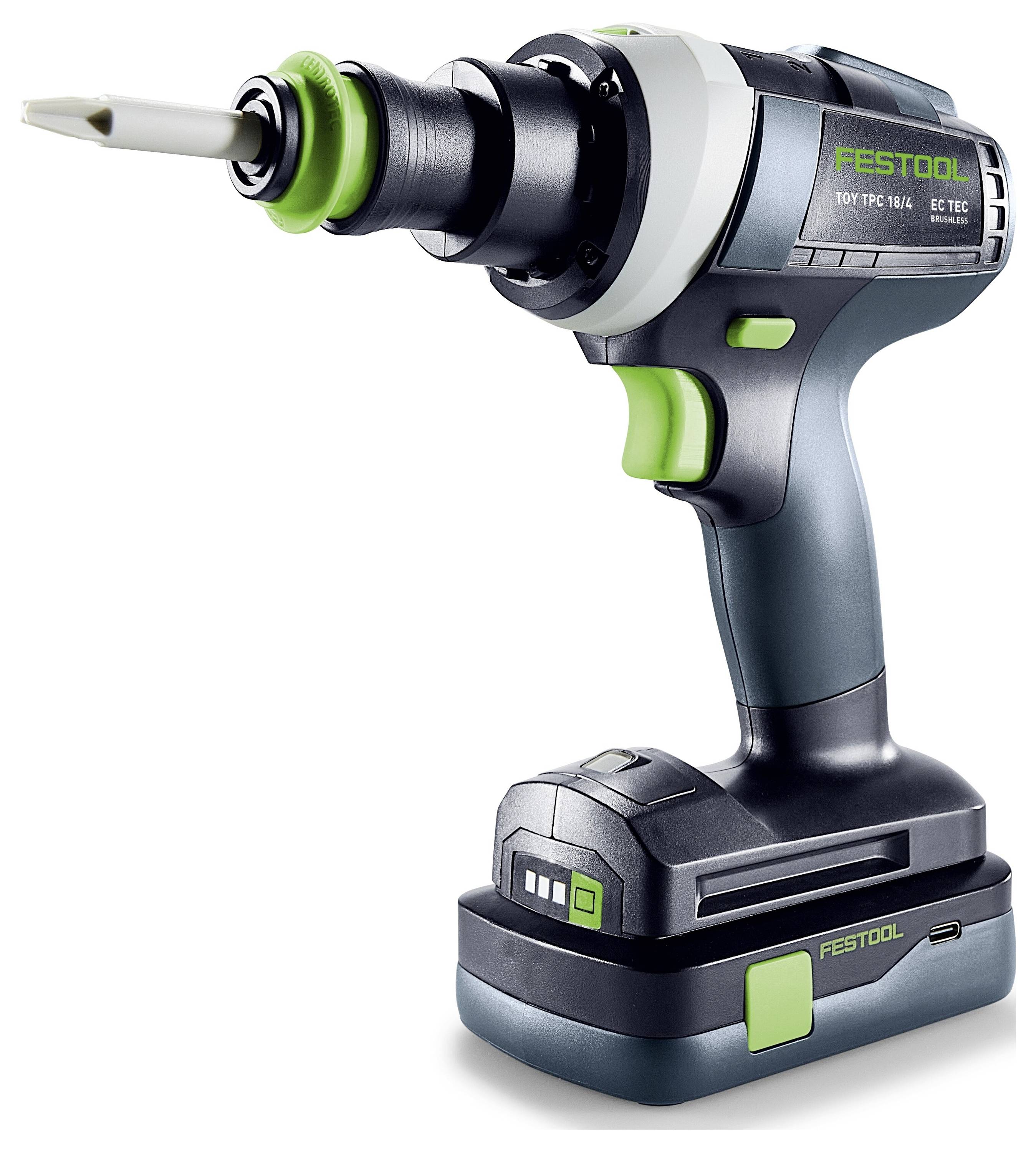 Bezdrátová příklepová vrtačka s elegantním designem a zelenými akcenty, s označeným tlačítkem, indikátorem baterie a názvem značky 'Festool'.