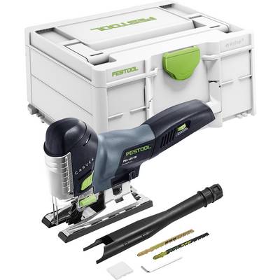 Přímočará pila Festool s listy a úložným boxem. Pila je tmavě modrá se zelenými akcenty. Box je opatřen logem společnosti Festool.