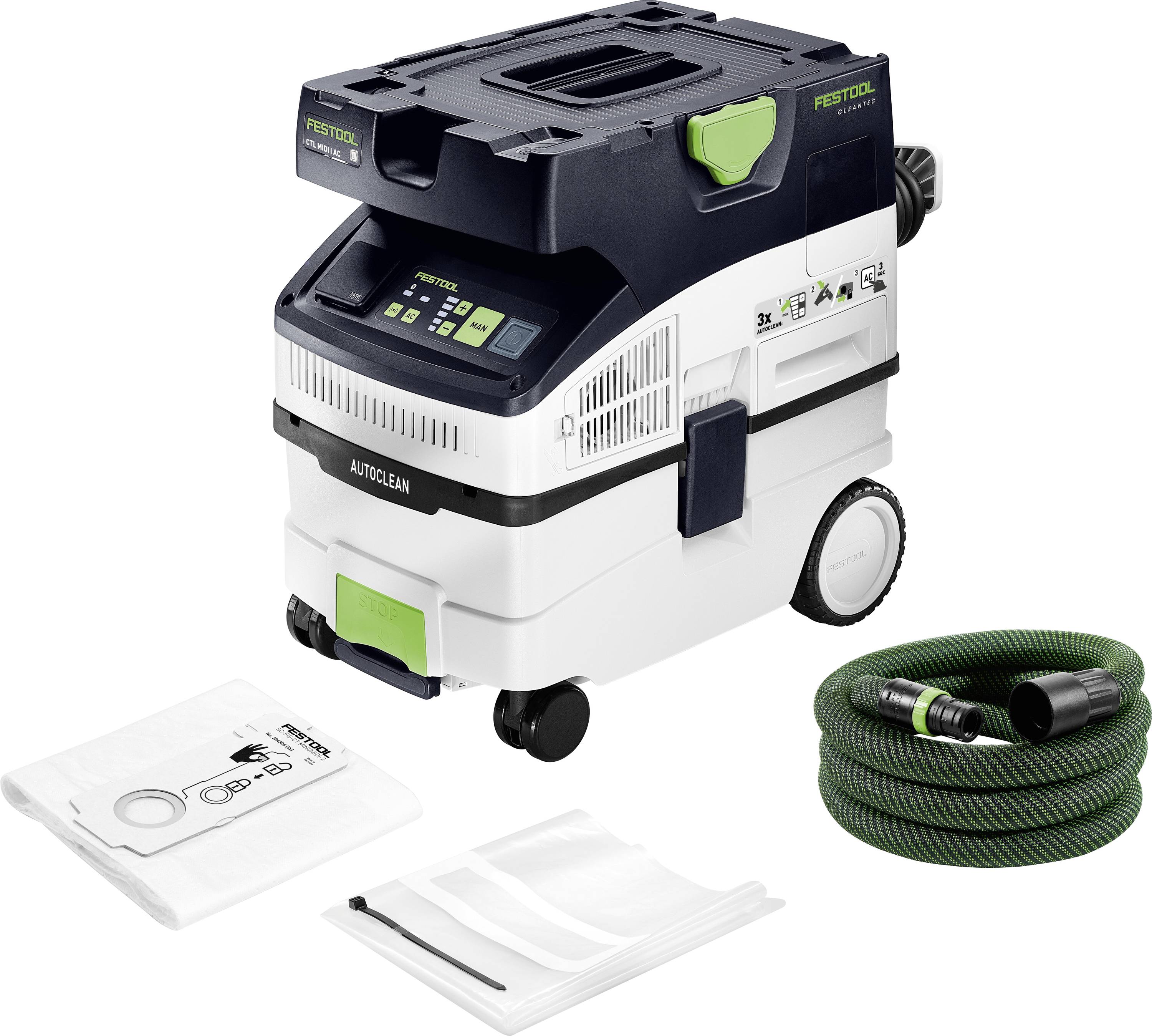 Průmyslový vysavač Festool Cleantec CT 26 E s příslušenstvím, včetně zelené hadice a jednorázového filtračního sáčku, umístěný na bílém pozadí.