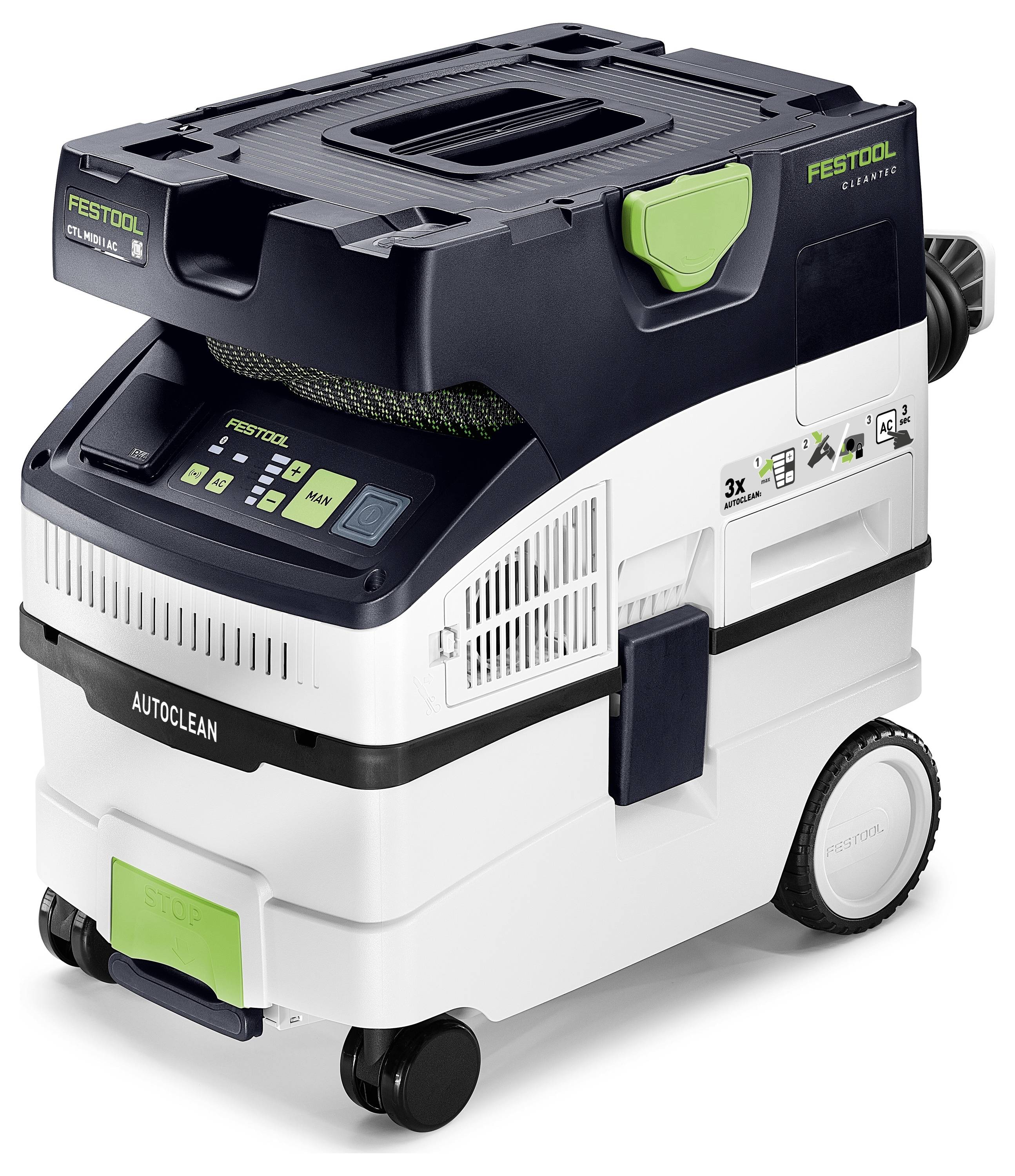 Vysavač Festool CT MIDI I s kolečky, ovládacím panelem a přívodem hadice. Navržen pro použití v dílně, vybaven HEPA filtry.