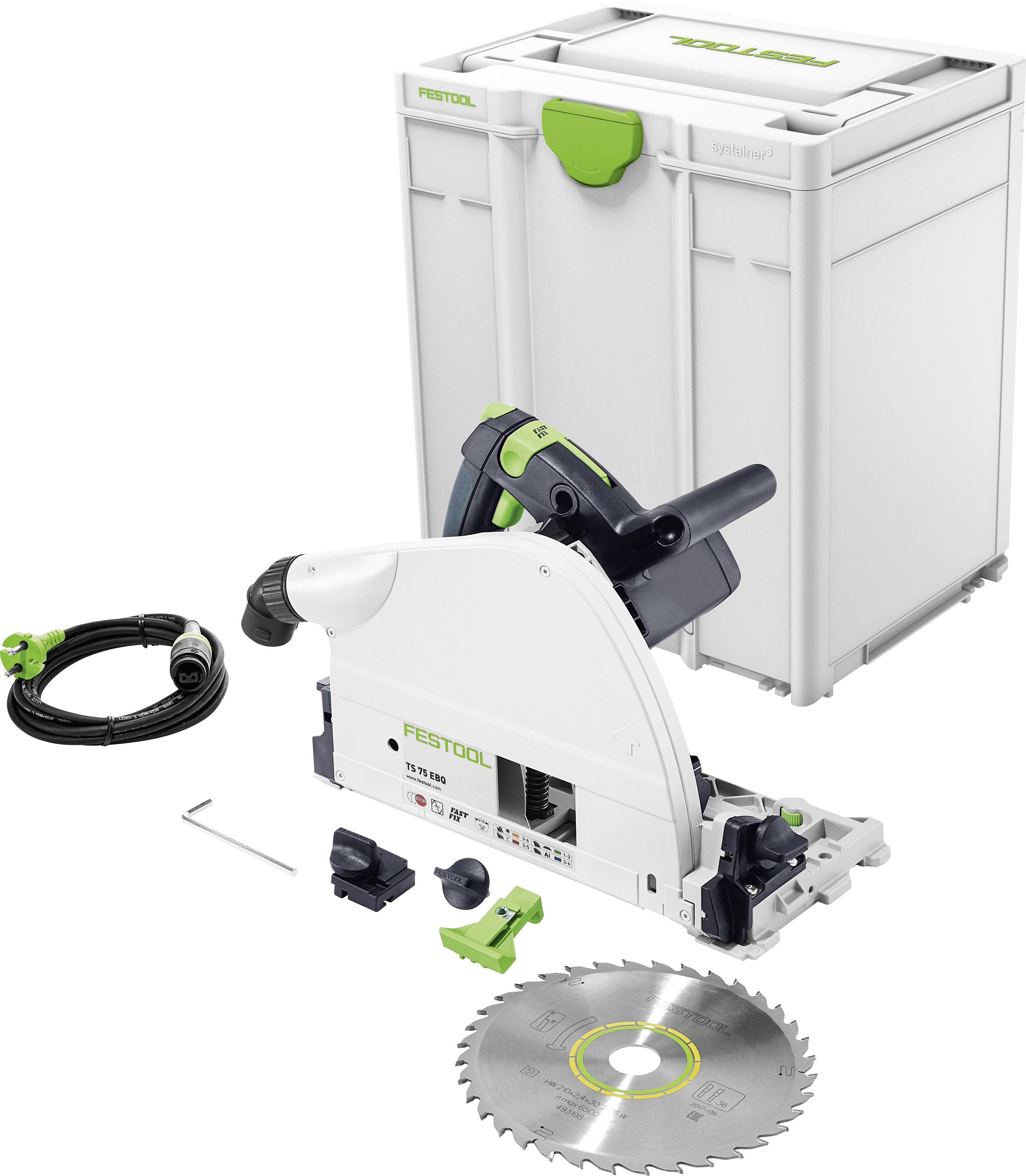 Okružní pila Festool TS 55 s příslušenstvím, včetně pilového kotouče a systémového kufru Systainer, určená pro přesné řezací práce.