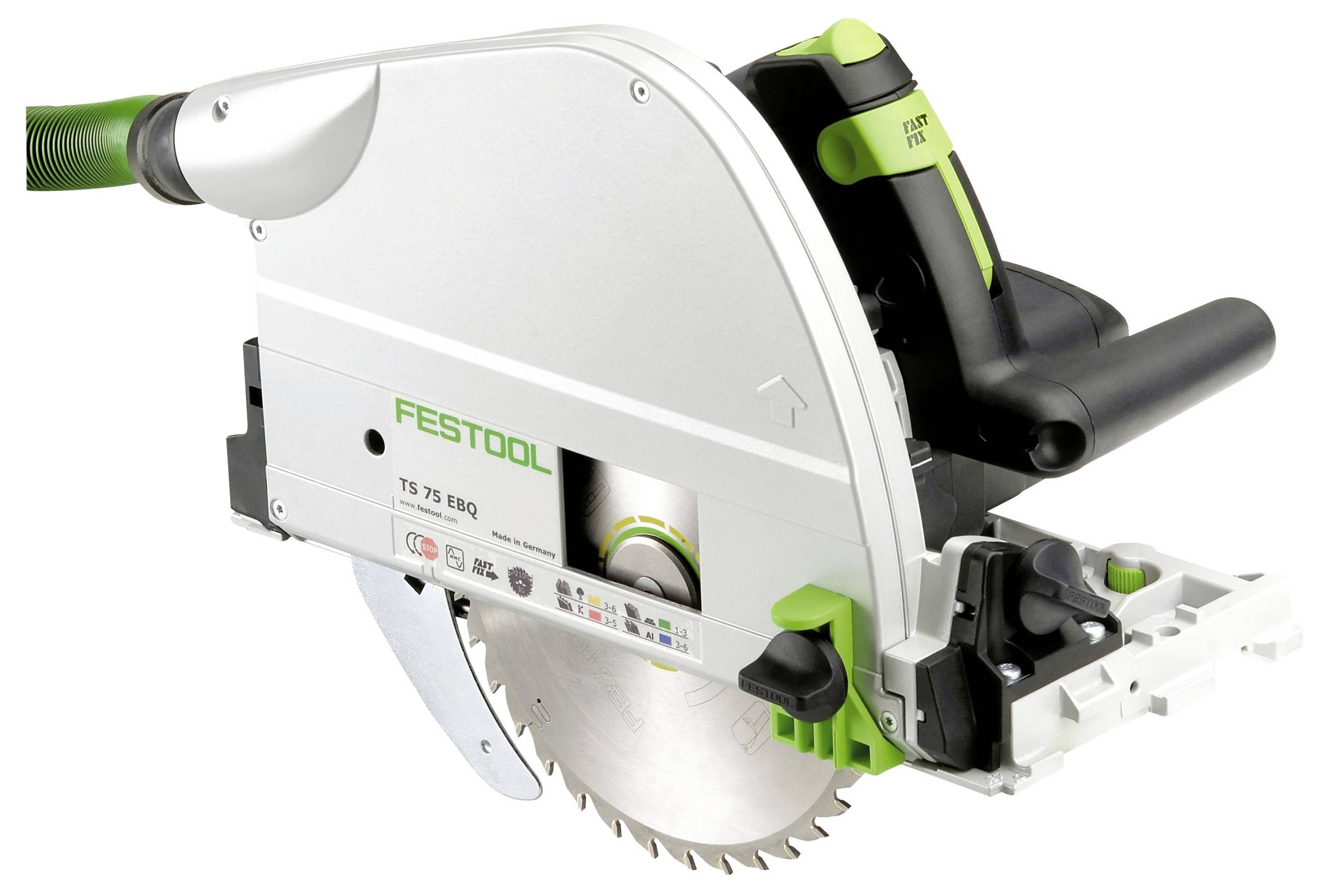Okružní pila Festool TS 75 EQ s ergonomickým designem, odsávacím portem a přesným řezným kotoučem, určená pro přesné řezání.