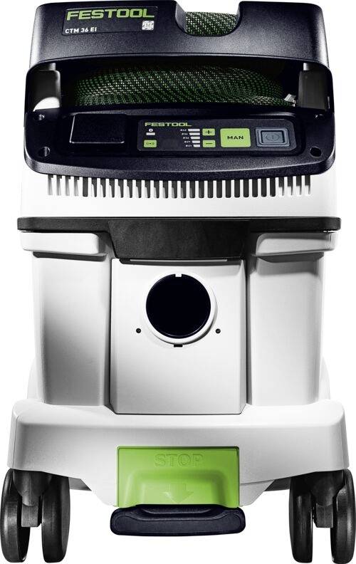 Černobílý průmyslový vysavač Festool CTM 36 E s kolečky a zeleným tlačítkem 'STOP', určený pro průmyslový úklid.