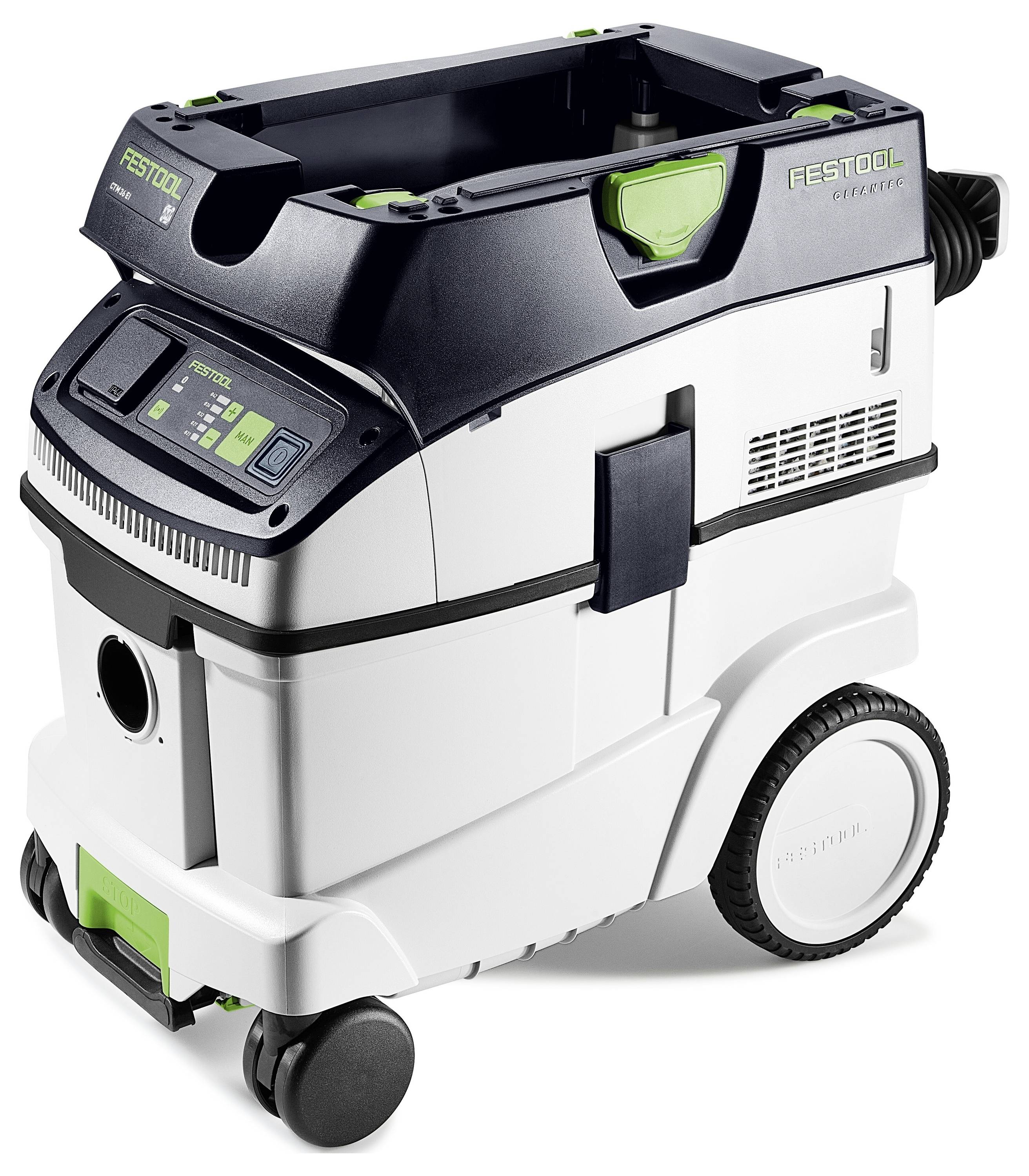 Vysavač Festool CT Midi s vestavěným prachovým filtrem, vyznačující se kompaktní konstrukcí s kolečky, digitálním ovládáním a přípojkou hadice, určený pro efektivní úklid dílen.