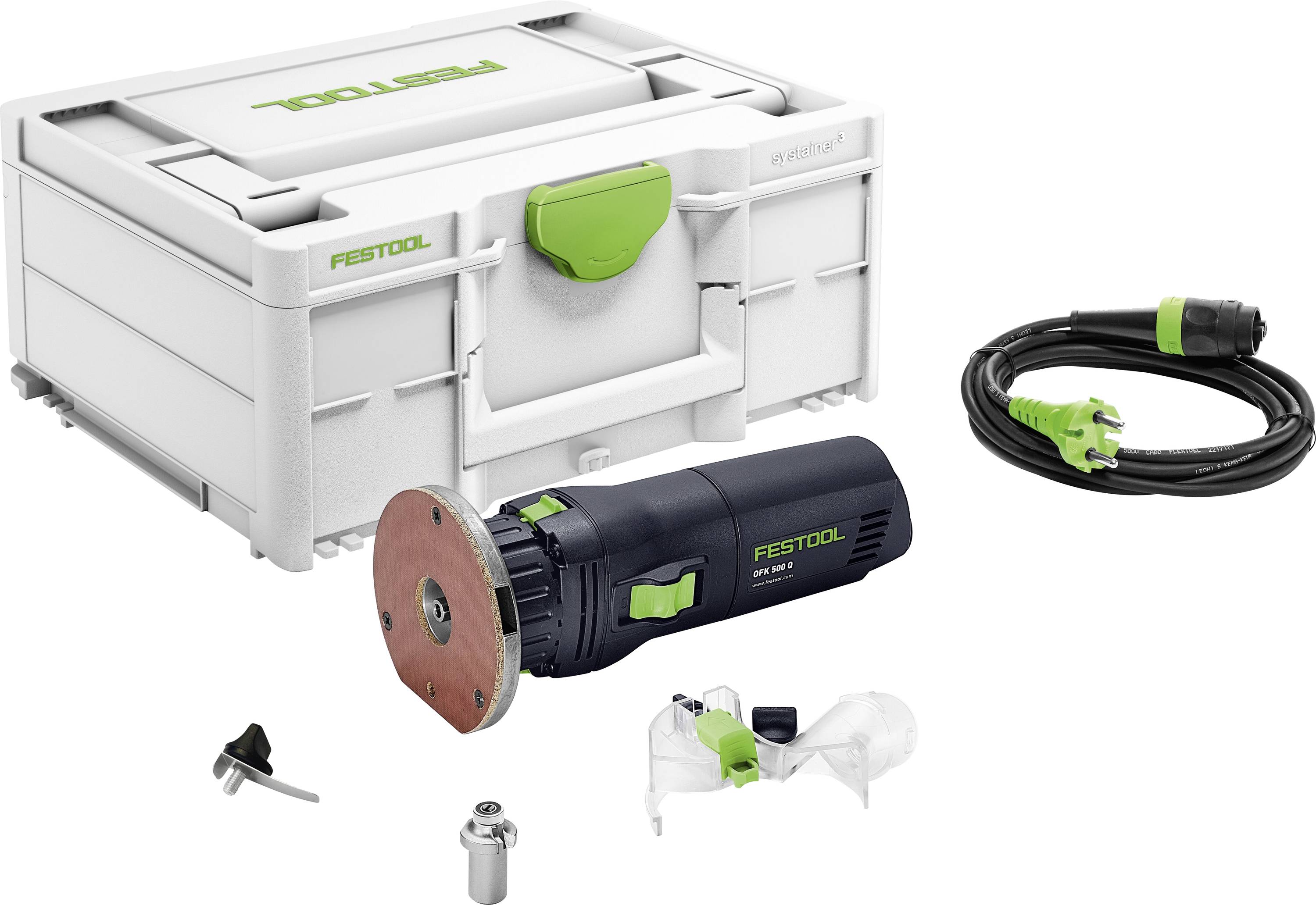 Řezací systém Festool DSC AG 125 FH s příslušenstvím, včetně přepravního kufru, elektrického nářadí, kabelu, úchytu kotouče a prachového sáčku.