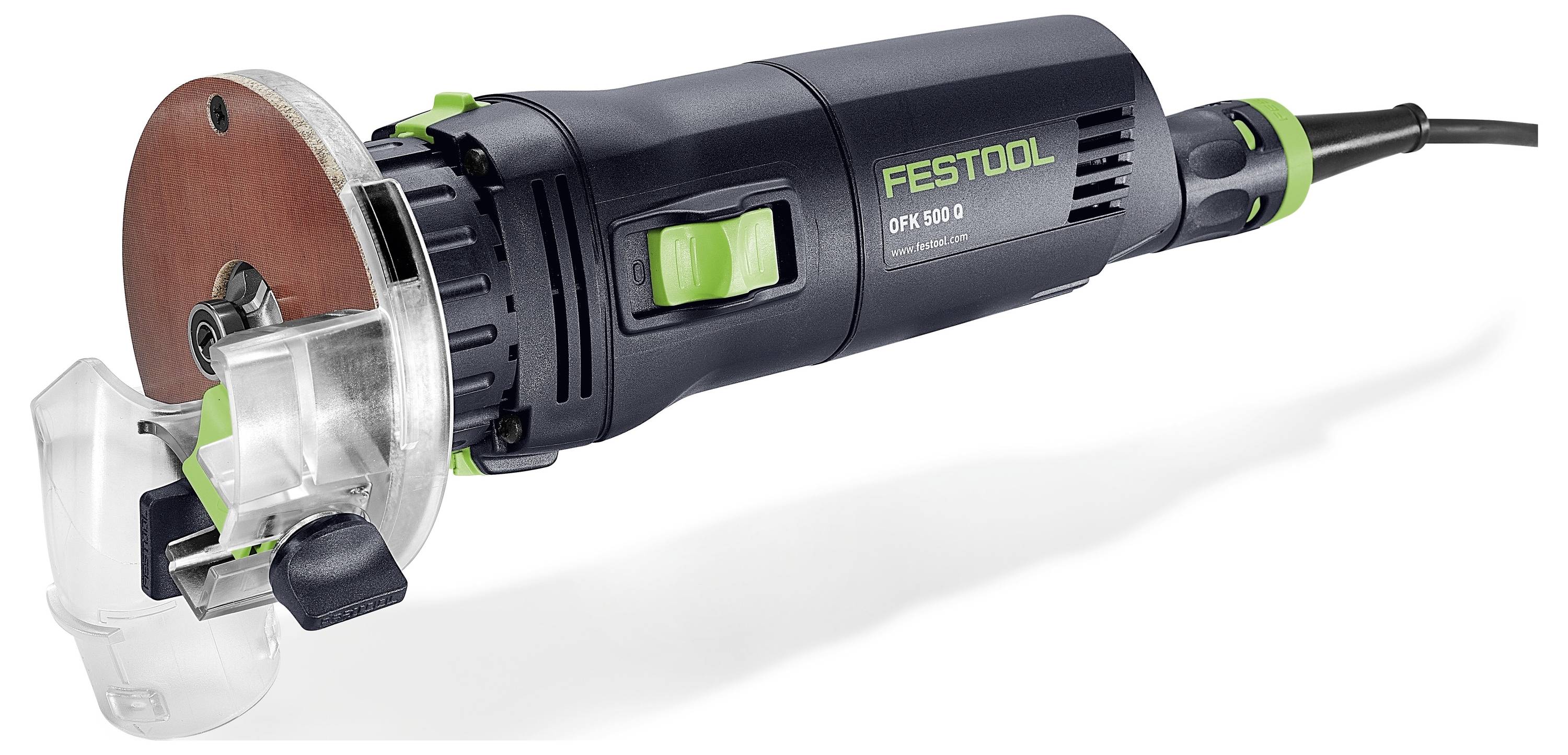 Zjednodušený obraz nástroje 'Festool QFK 100 9', výkonného nářadí určeného pro přesné frézování hran, vybaveného ergonomickou rukojetí a bezpečnostním krytem.