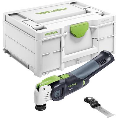 Oscilační nástroj Festool s příslušenstvím vedle systémového kufru Festool, který ukazuje kompaktní, přenosné řešení pro skladování a nářadí.