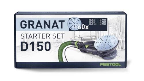 Obrázek ukazuje krabici produktové sady Festool Granat Starter Set D150, která prezentuje brusku a zvýrazňuje '60x' brusné kotouče v různých hrubostech.