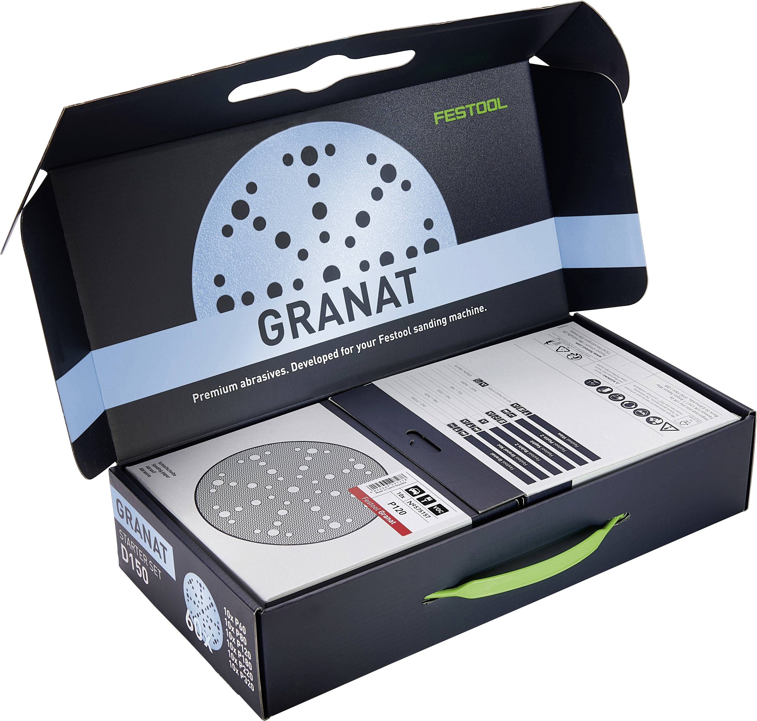 Brusné kotouče 'Festool Granat' umístěné v černém boxu s modrými akcenty. Box zvýrazňuje technické detaily pro brusné stroje.