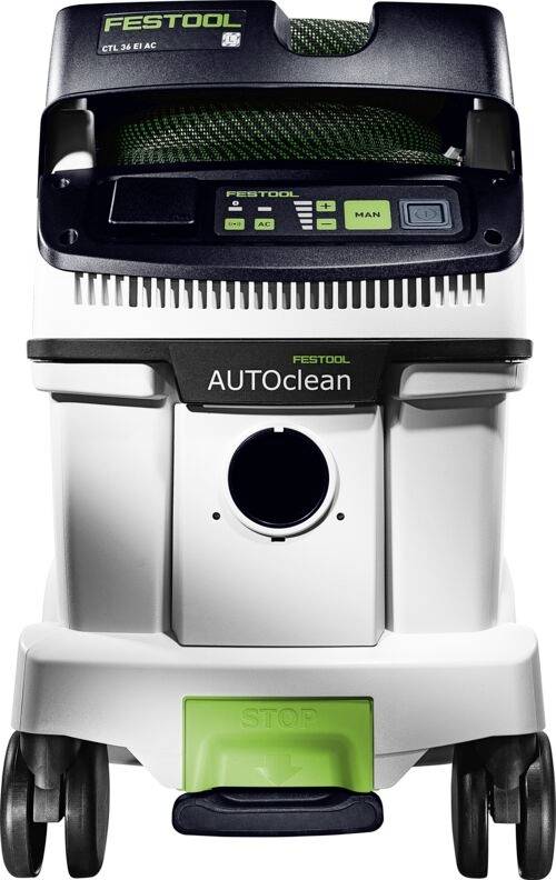 Bílý vysavač Festool CTL 36 E AC AUTOClean se zelenými akcenty, navržený pro efektivní odsávání prachu a snadné čištění.