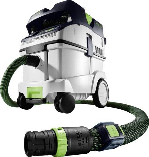 Vysavač Festool s připojenou zelenou hadicí, určený pro úklid a odsávání prachu.