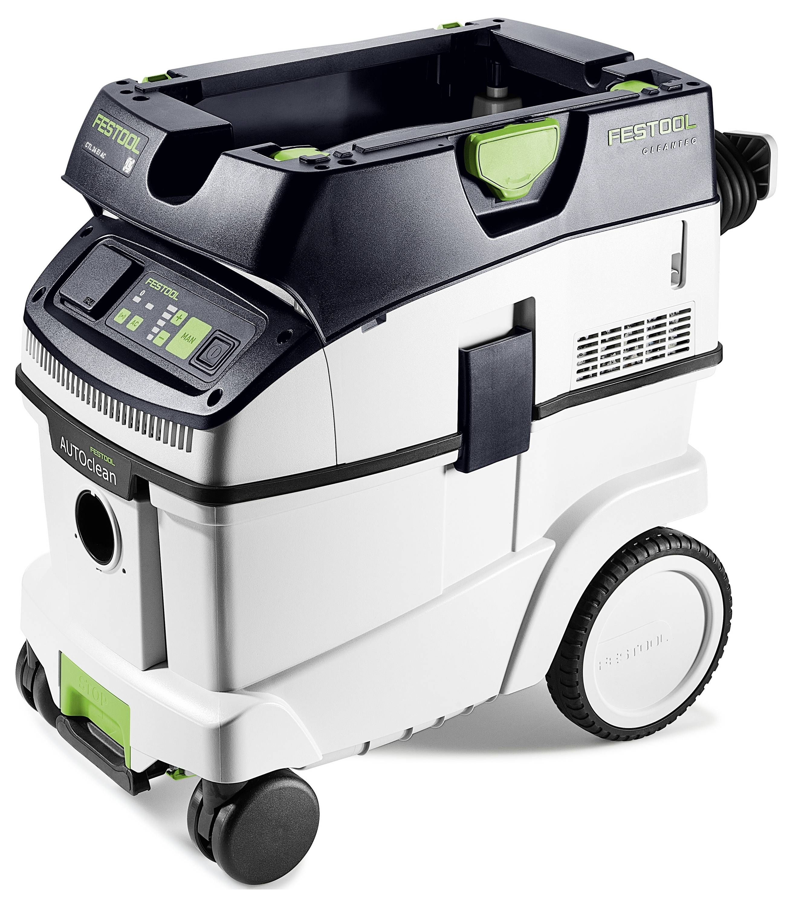 Vysavač s digitálním displejem, velkými koly a výrazným připojením hadice, označený značkou 'Festool AutoClean'.