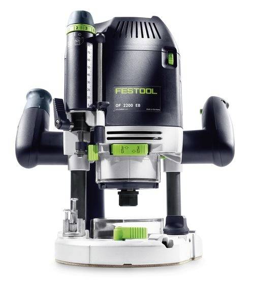 Černozelená frézka Festool s duálními rukojeti, vybavená měřicí stupnicí a nastavovacími knoflíky, navržená pro precizní truhlářské práce.