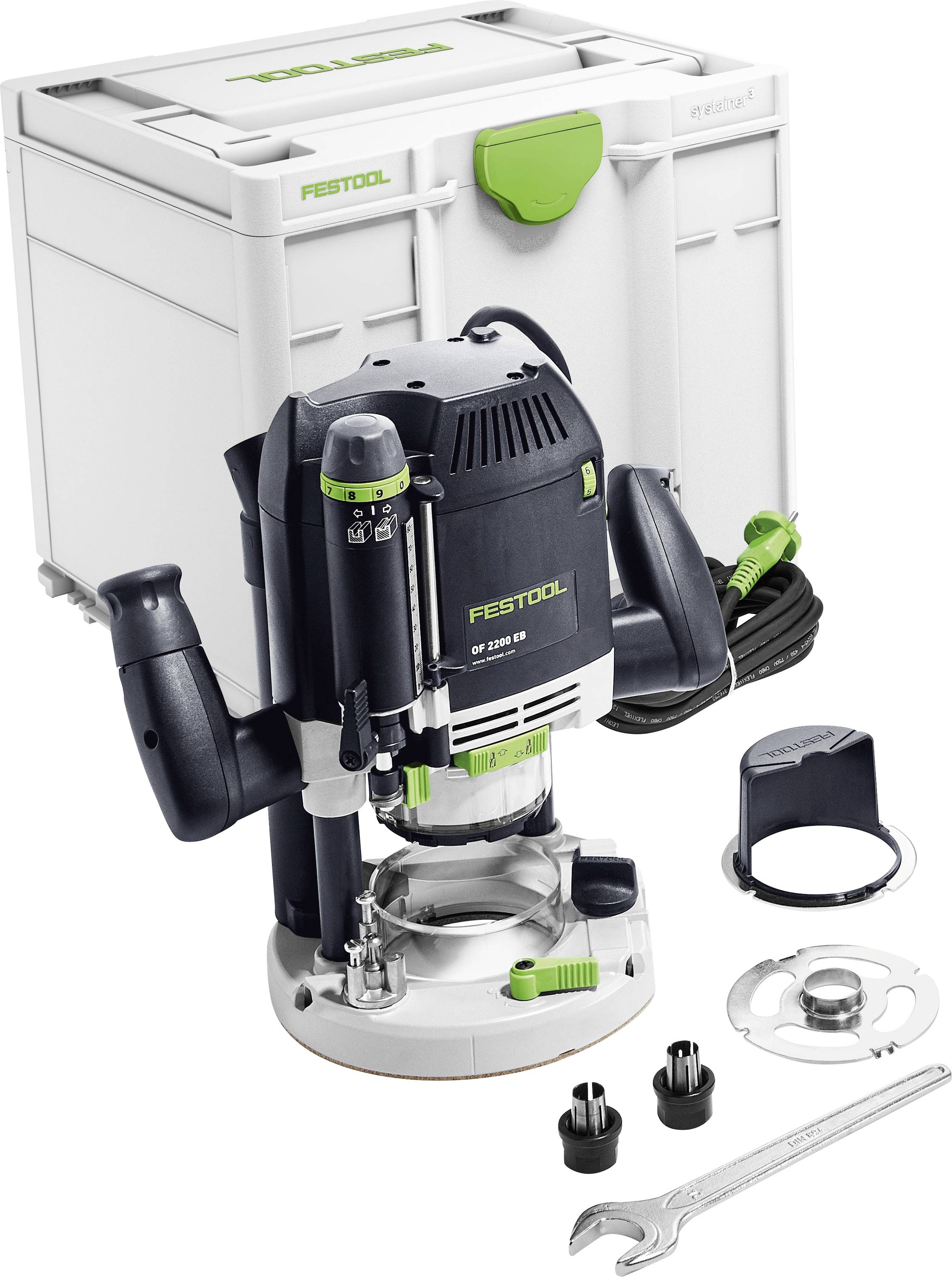 Sada routeru Festool zobrazující router, napájecí kabel, ochranný kryt, klíč a další díly, s přepravním kufrem v pozadí.