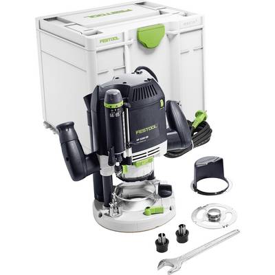 Sada routeru Festool zobrazující router, napájecí kabel, ochranný kryt, klíč a další díly, s přepravním kufrem v pozadí.
