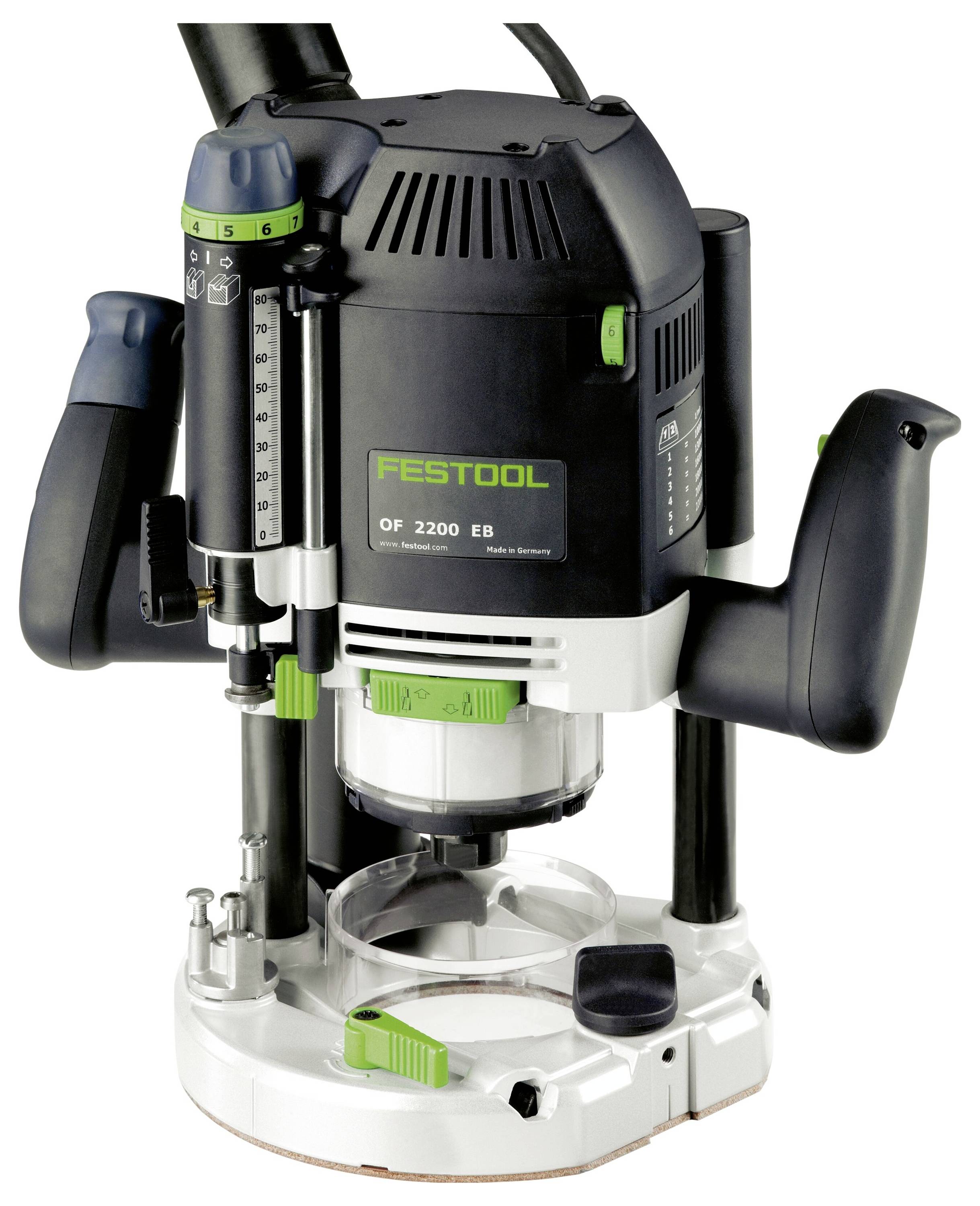 Fréza Festool OF 2200 EB s ergonomickými rukojeťmi, nastavením hloubky a přesnými řezacími schopnostmi, určená pro truhlářské práce.