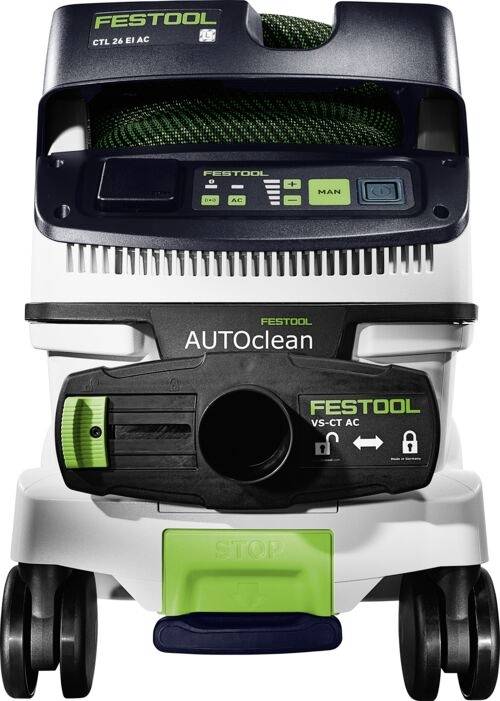 Průmyslový vysavač Festool CTL 26 E AC v zeleno-černém provedení, vybavený ovládacími prvky, úložištěm pro hadici a kolečky pro snadnou manipulaci.