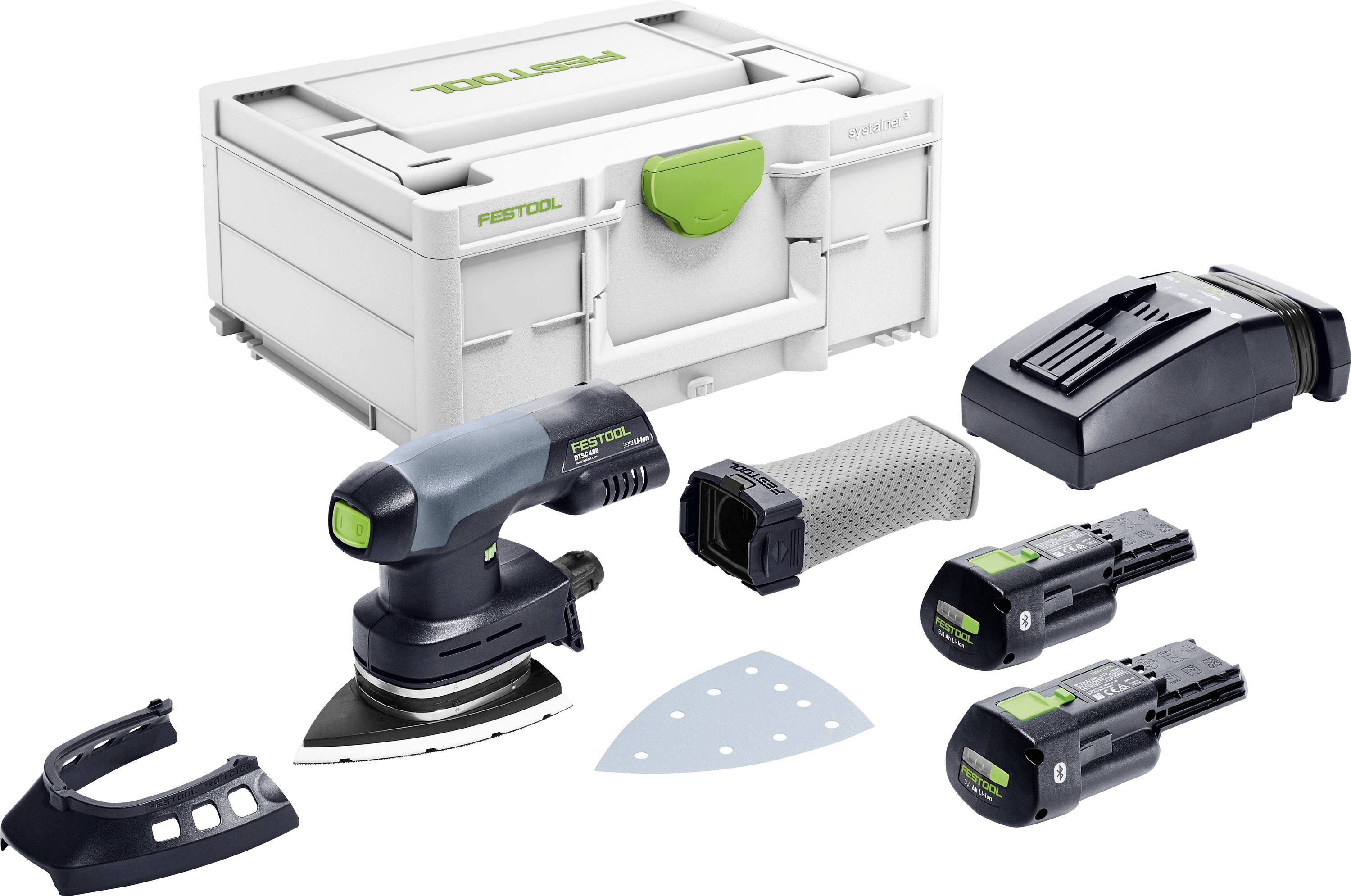 Sada elektrické brusky obsahující brusku, dvě baterie, nabíječku, brusnou podložku, prachový sáček a úložný kufřík s nálepkou 'Festool'.