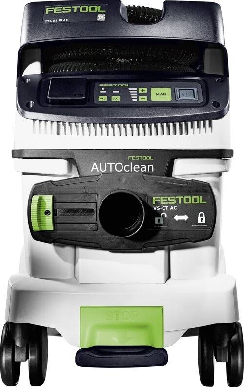 Černobílý vysavač Festool CTL 36 E AC s kolečky a zelenou rukojetí, určený pro automatické čištění.