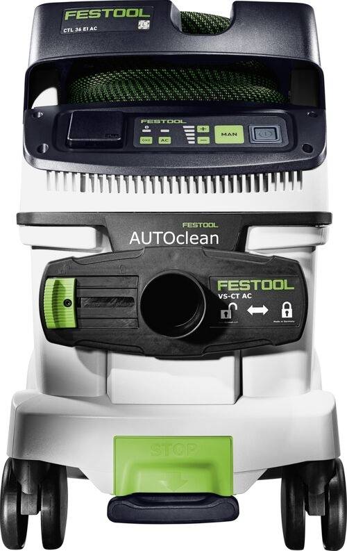 Extraktor prachu Festool CTL 36 E AC s funkcí AUTOclean, zobrazený z předního pohledu se zelenými ovládacími knoflíky a hadicí.