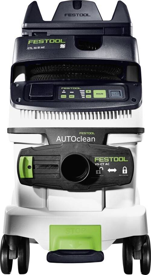 Mobilní odsavač prachu 'Festool AUTOClean' s digitálním ovládacím panelem a systémem čištění filtru, vybavený robustními kolečky pro snadnou manipulaci.