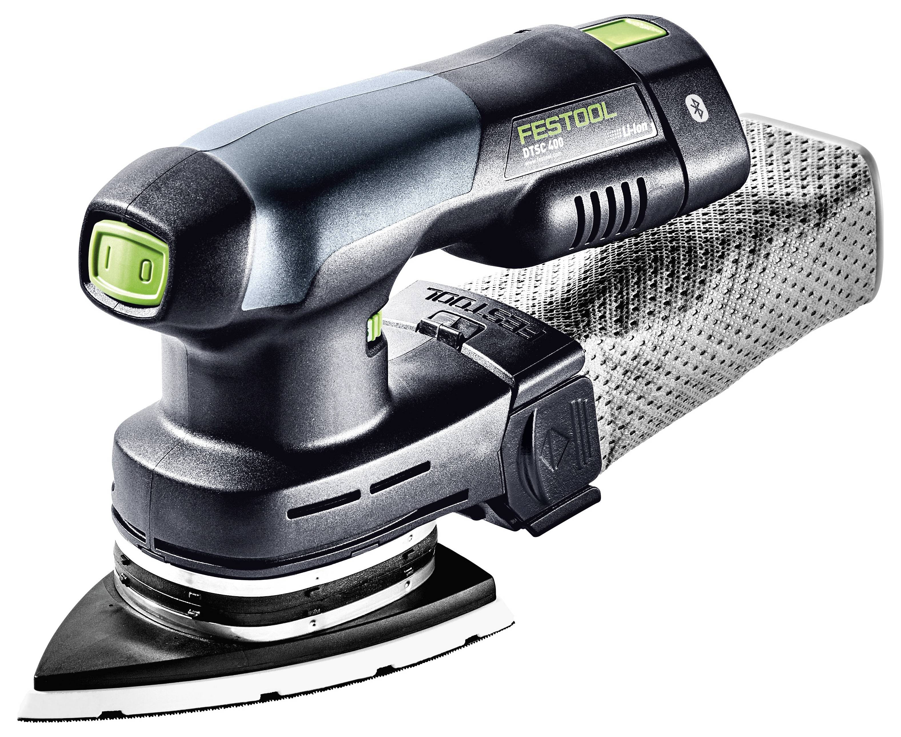 Ruční bezdrátová bruska Festool DTSC 400 s ergonomickou rukojetí a prachovým sáčkem, určená pro efektivní broušení.