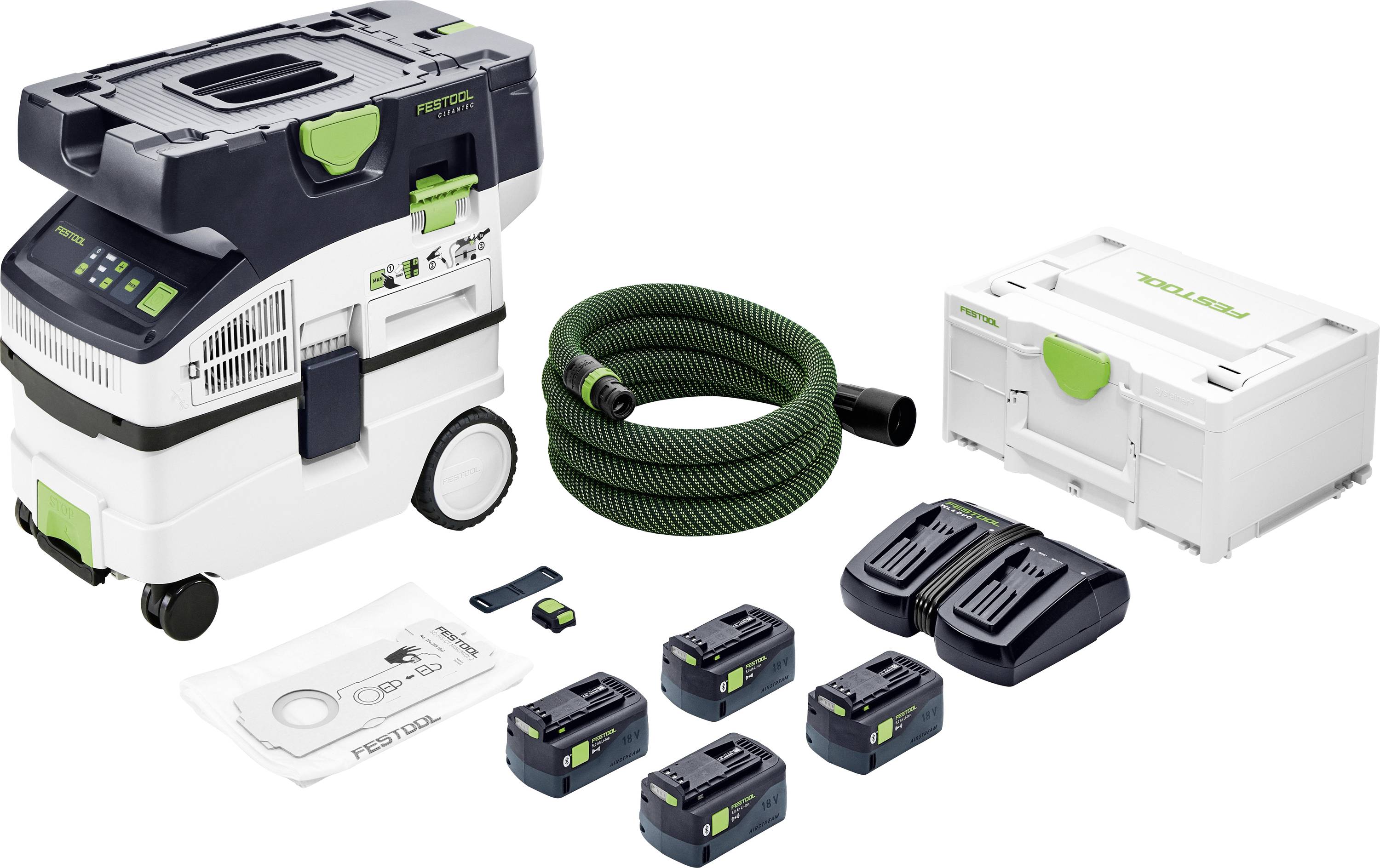 Systém odsávání prachu 'Festool' včetně hadice, čtyř baterií, dvou nabíječek, tašky s příslušenstvím a úložného kufru, navržený pro čisté pracovní prostory.