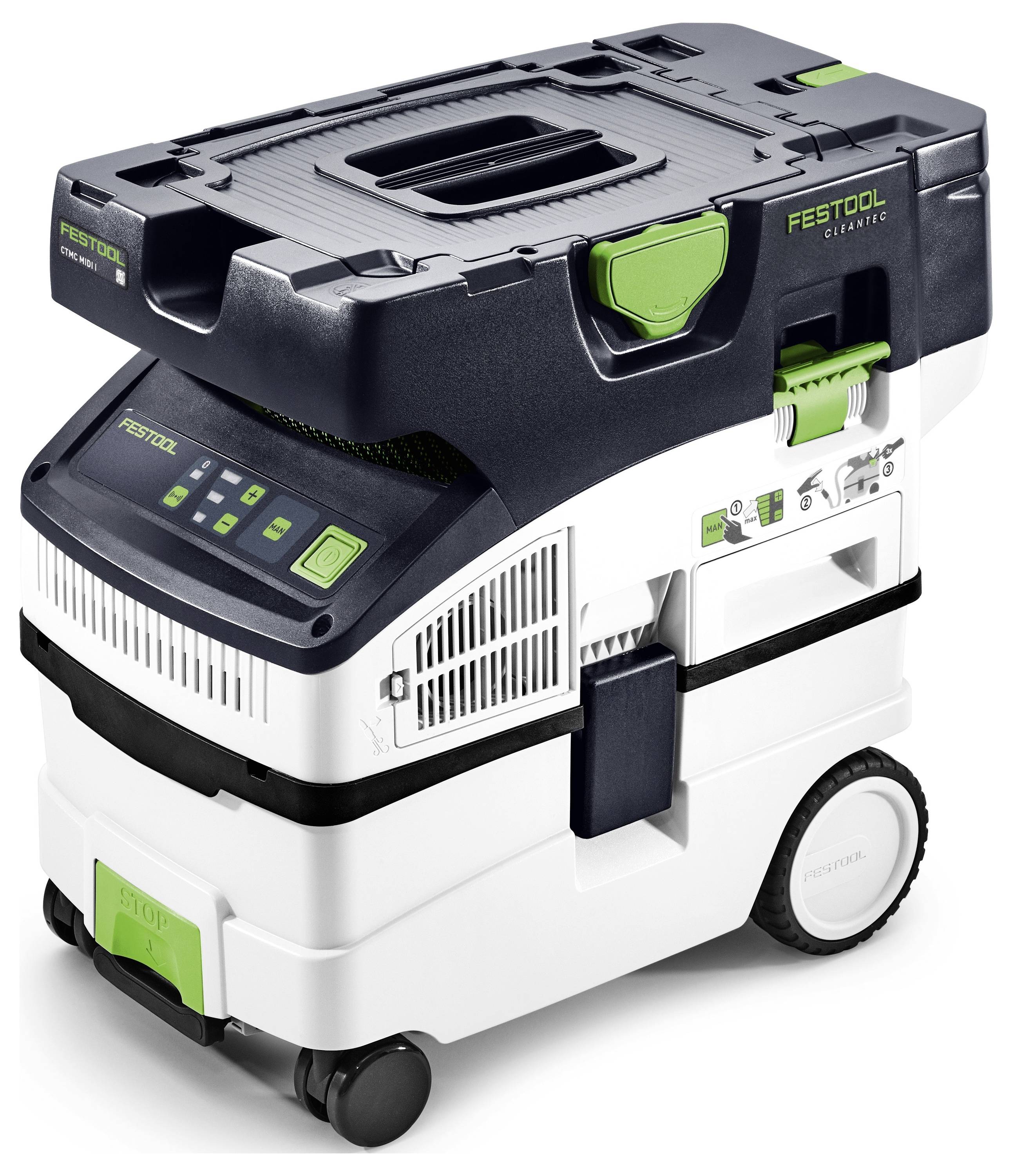 Přenosný odsavač prachu Festool, vybavený kolečky, různými ovládacími prvky a rukojetí nahoře pro snadnou manipulaci, určený pro použití s elektrickými nástroji.