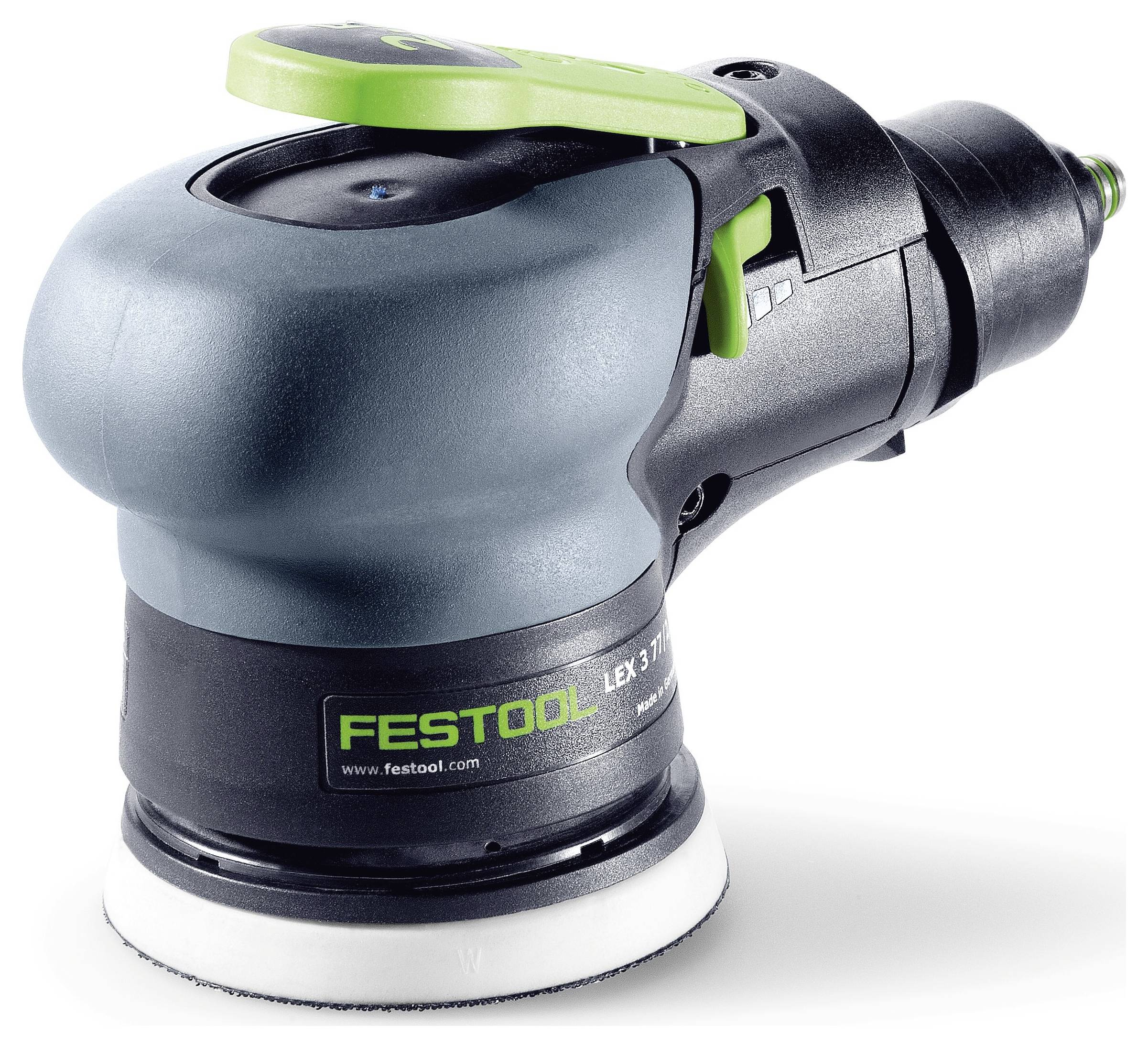 Ruční elektrická bruska s označením 'Festool LEX 3'. Má černo-zelenou barevnou kombinaci a obdélníkovou základnu určenou pro broušení.
