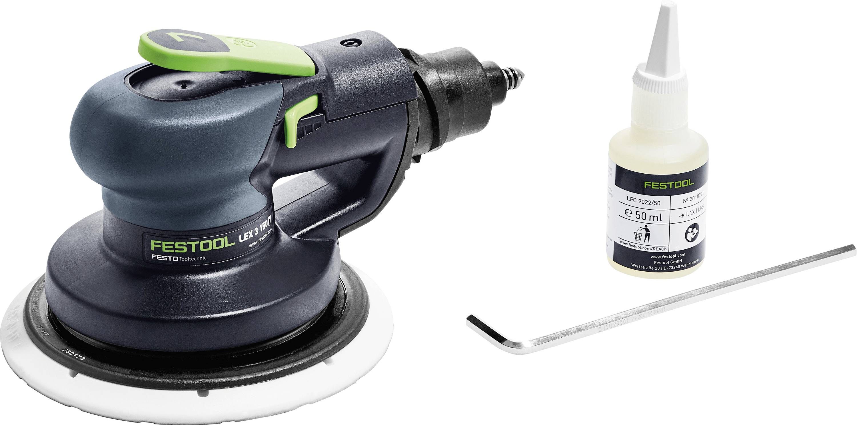 Bruska značky Festool se zeleným tlačítkem leží vedle 50ml lahvičky maziva a L-klíče.
