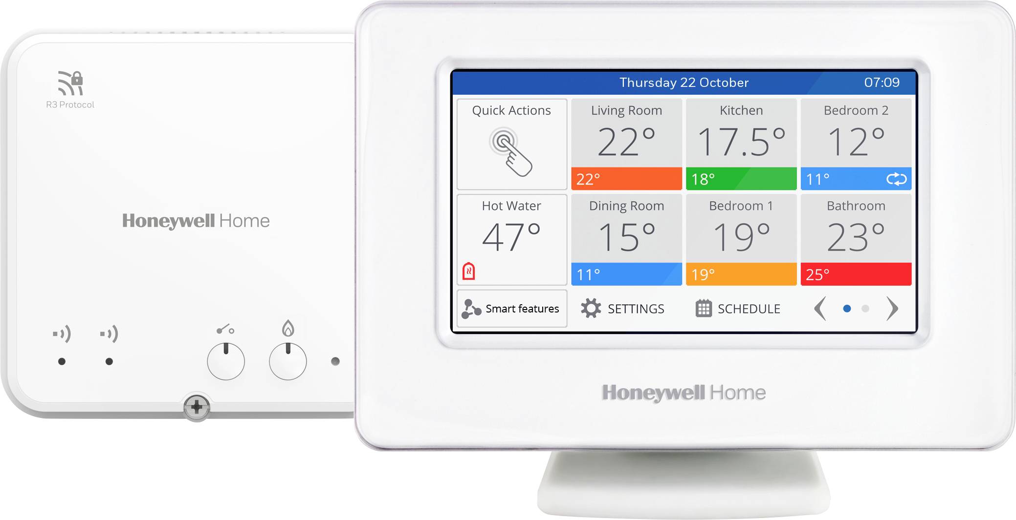 Displej termostatu Honeywell Home. Zobrazuje rychlé akce pro obývací pokoj, kuchyni, ložnice; teplotní údaje jako 22° pro obývací pokoj, 17,5° pro kuchyni. Viditelné jsou možnosti nastavení a harmonogramu.