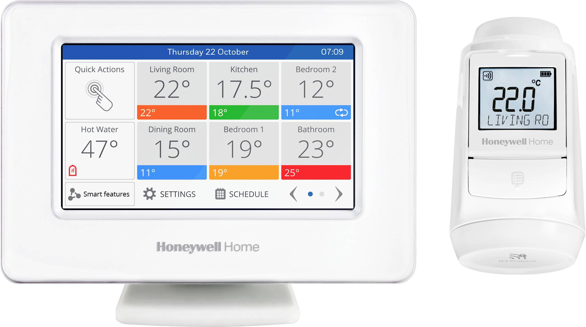 Obrazovka termostatu 'Honeywell Home' zobrazující teploty místností: Obývací pokoj 22°C, Kuchyně 17,5°C, Ložnice 1 19°C. Viditelné možnosti nastavení a harmonogramu.