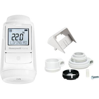 Digitální termostat zobrazující '22.0°C' a 'LIVING RO' s různými montážními komponenty.