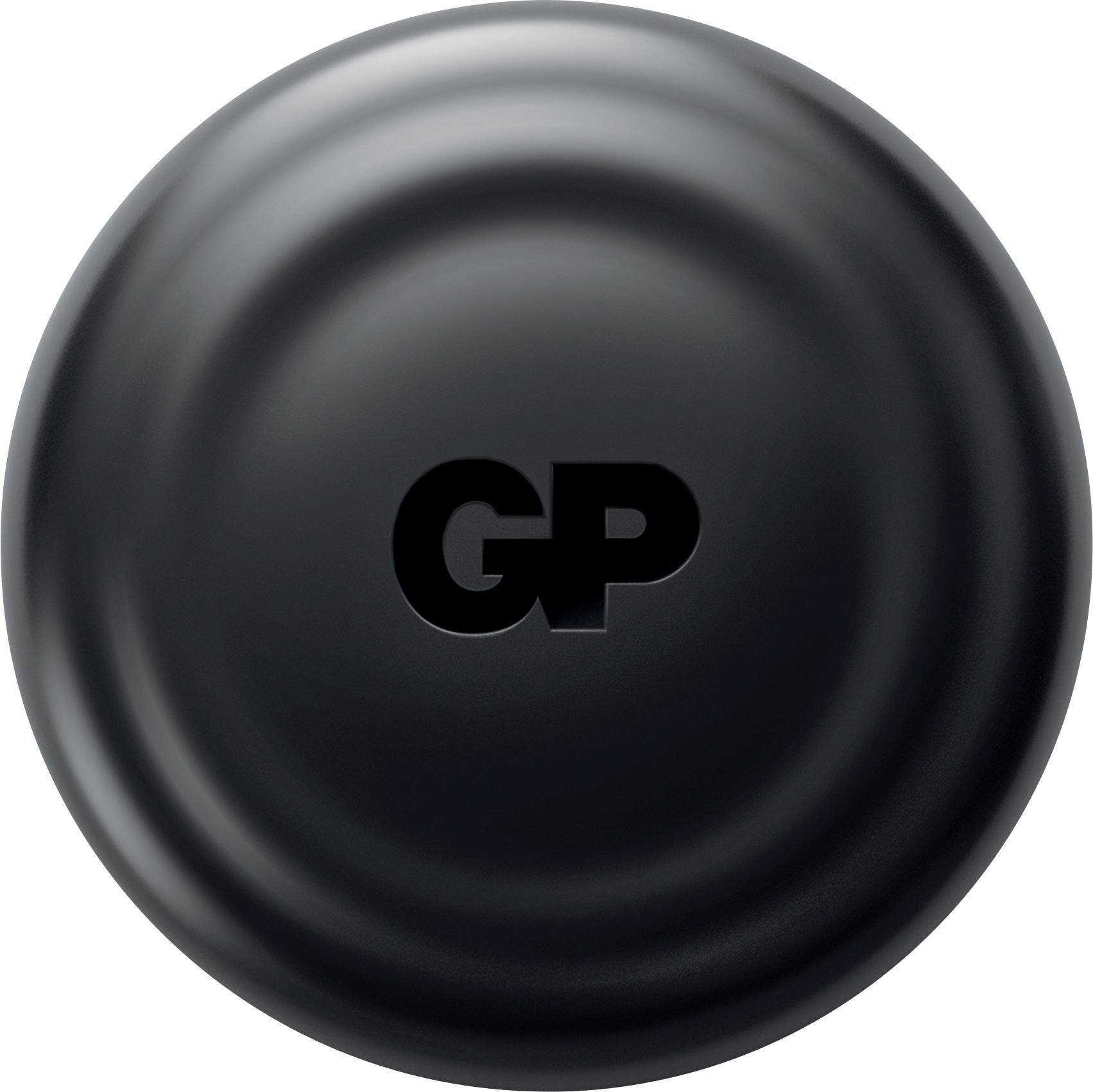 Černý kruhový předmět s písmeny 'GP' uprostřed, pohled shora.