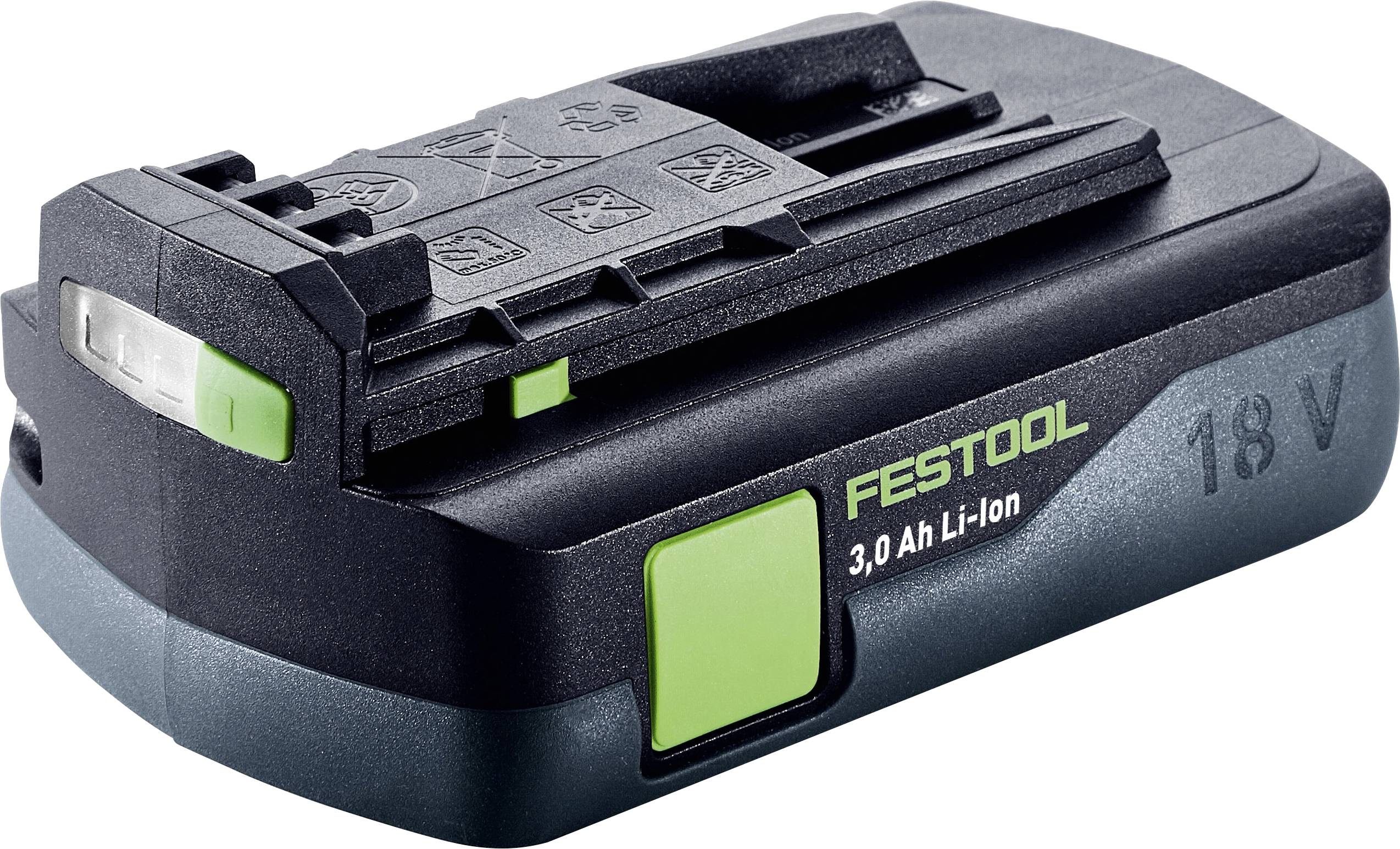 Bateriový akumulátor Festool 18V 3.0 Ah Li-ion, černý se zelenými akcenty, navržený pro elektrické nářadí, zobrazující detaily značky a napětí.
