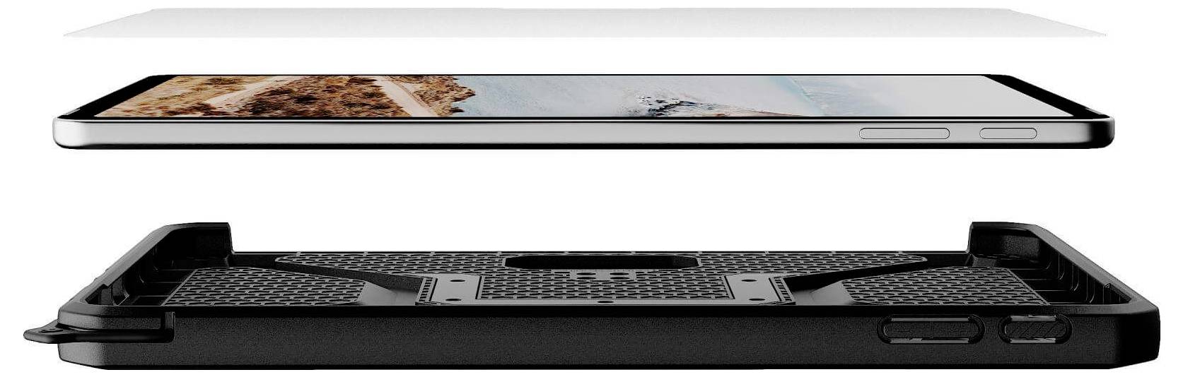 Rozložený pohled na pouzdro smartphonu znázorňující boční pohled telefonu nad otevřeným ochranným pouzdrem, zvýrazňující design a přesné umístění.