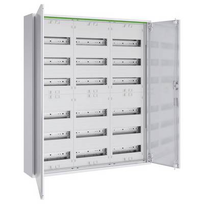 Otevřený elektrický rozvaděč s několika řadami pozic pro jističe, kde nejsou žádné jističe nainstalovány, což naznačuje fázi přípravy.