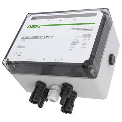Elektrická rozvodná skříň označená 'ABN' pro fotovoltaické systémy, hodnocená na PV-GAK 1100VDC se zobrazenými specifikacemi a připojovacími porty.