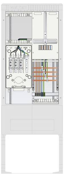 „Schéma elektrického rozvaděče" zobrazující označené sekce s barevnými vodiči a komponenty, znázorňující elektrické zapojení a uspořádání.