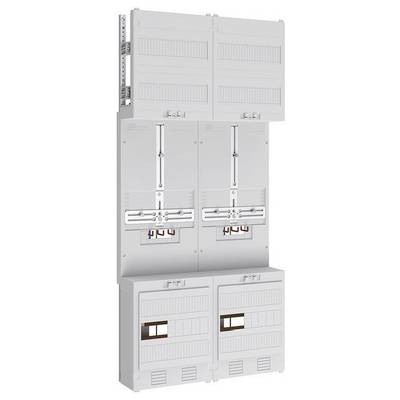 Obrázek zobrazuje vertikální sestavu propojených elektrických rozvodných panelů s několika vypínači a vnitřním vedením.