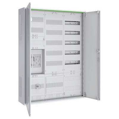 Otevřený elektrický rozvaděč s různými sloty a přihrádkami pro jističe a vodiče, který vykazuje čistné a organizované uspořádání.