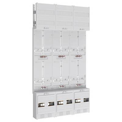 Elektrický rozvaděč s vertikálními a horizontálními sběrnicemi, jističi a kabelovými kanály. Navržen pro modulární správu elektrických obvodů.