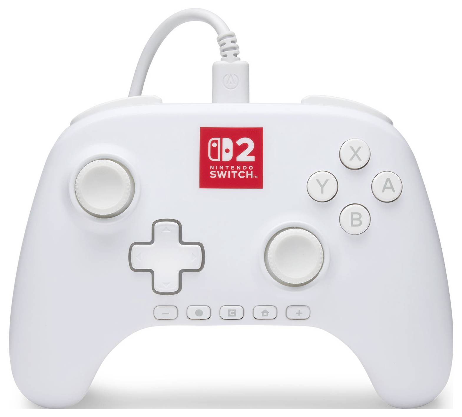 Bílý ovladač Nintendo Switch s kabelem, který má červené logo 'Nintendo Switch Online', směrový křížek a tlačítka označená X, Y, A a B.