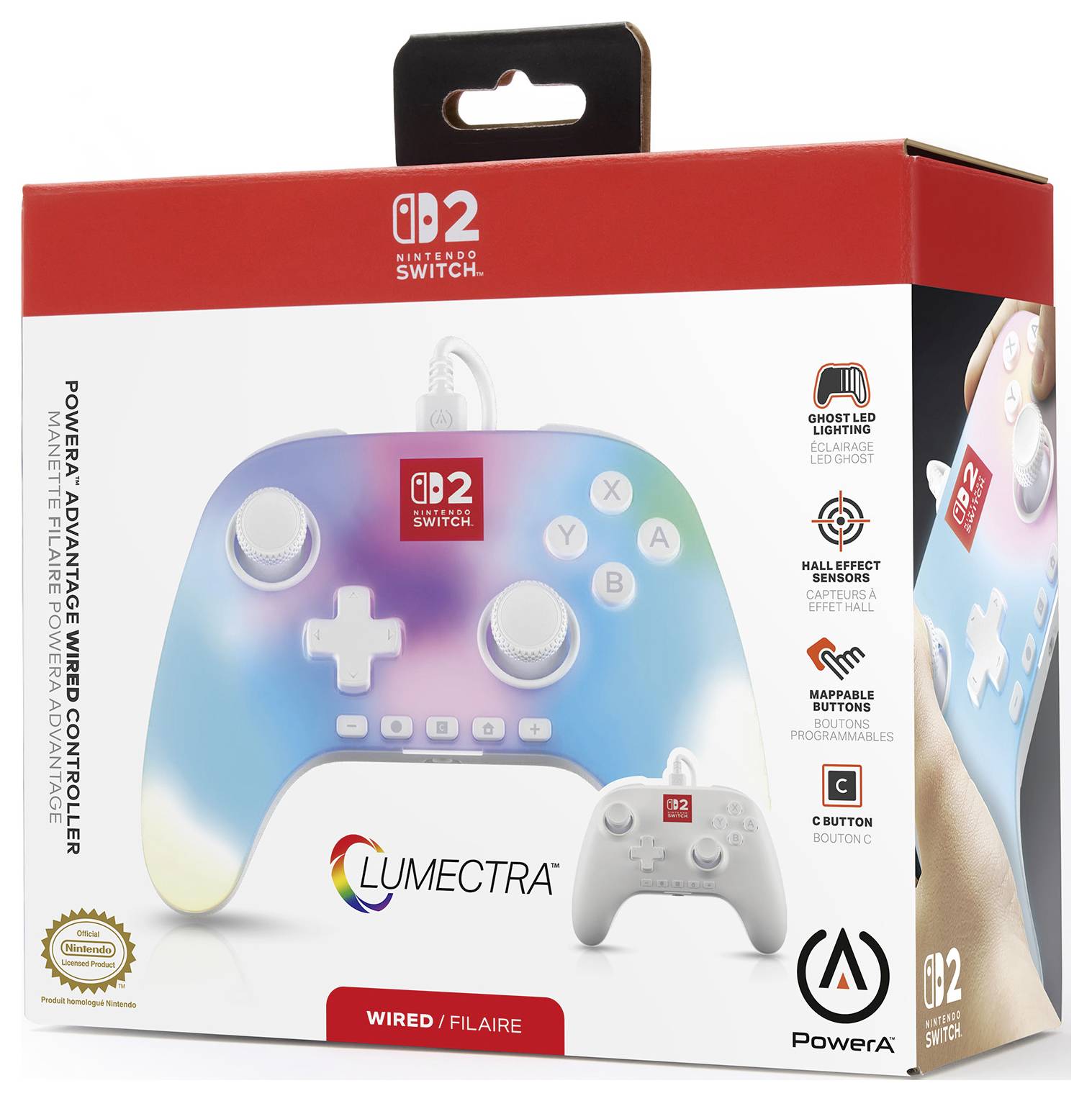 Drátový ovladač Nintendo Switch od PowerA s gradientním designem, vybavený LED osvětlením, mapovacími tlačítky a joysticky s Hallovým efektem.