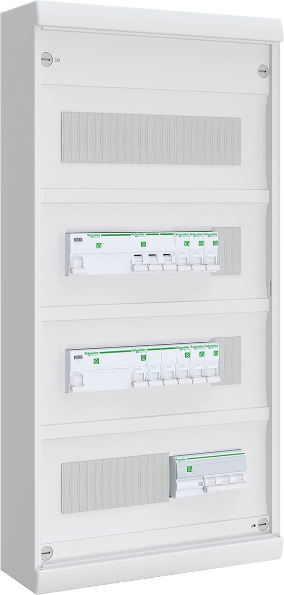 Nástěnný elektrický rozvodný panel se třemi řadami spínačů okruhu a prázdným krytem v bílé skříni.