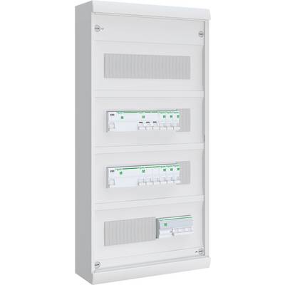 Nástěnný elektrický rozvodný panel se třemi řadami spínačů okruhu a prázdným krytem v bílé skříni.