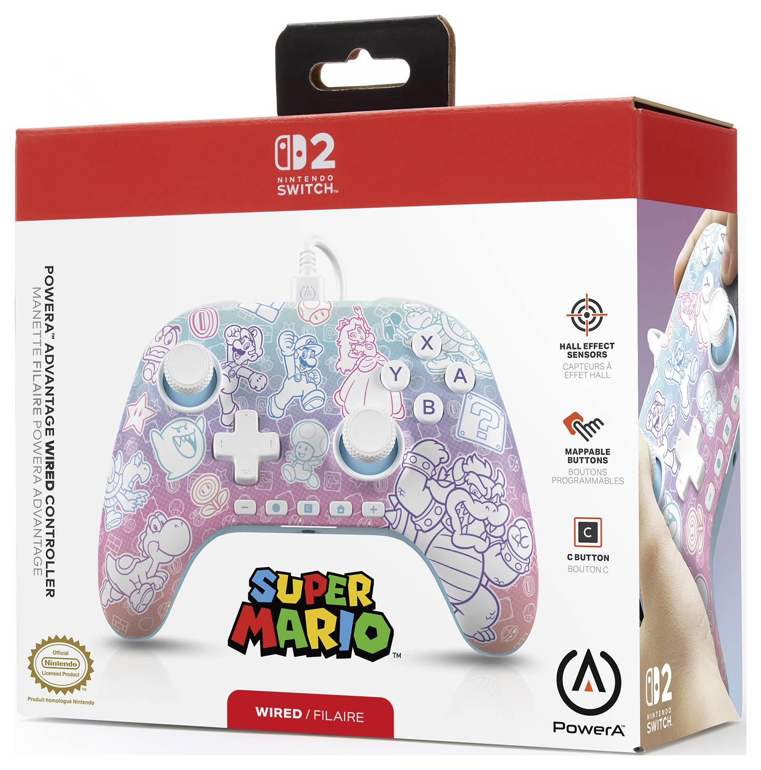 Drátový ovladač pro Nintendo Switch v motivu 'Super Maria' v krabici, zvýrazňující 'Hallovy senzory' a 'Přemapovatelná tlačítka'.