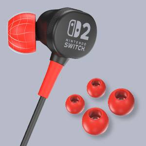 Červené sluchátka Nintendo Switch s výrazným logem na straně, zobrazené spolu se třemi páry vyměnitelných červených nástavců do uší.