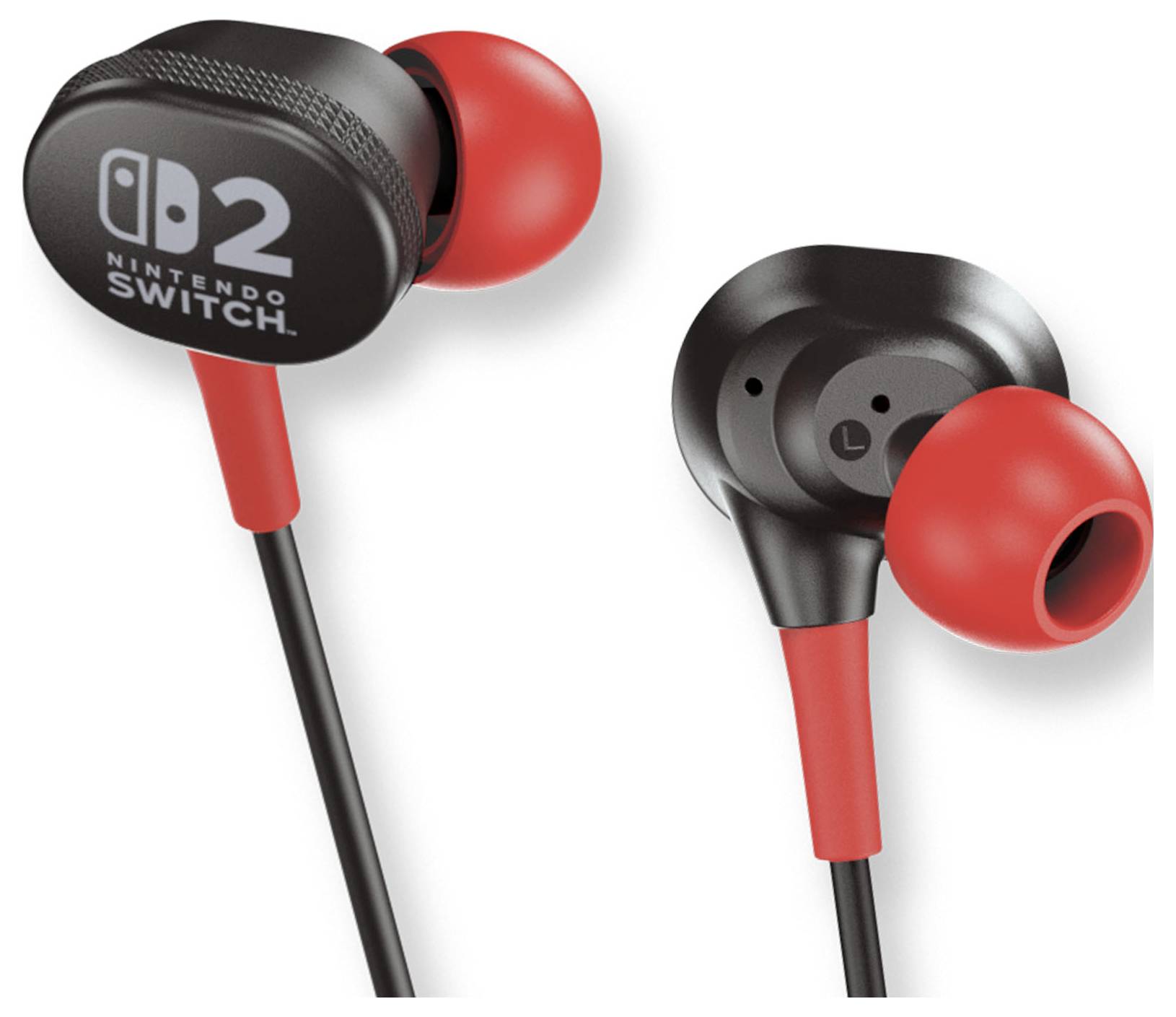 Červené a černé herní sluchátka Nintendo Switch od značky Hori, které jsou navrženy pro hraní, s peckovými sluchátky a kabelovým připojením.