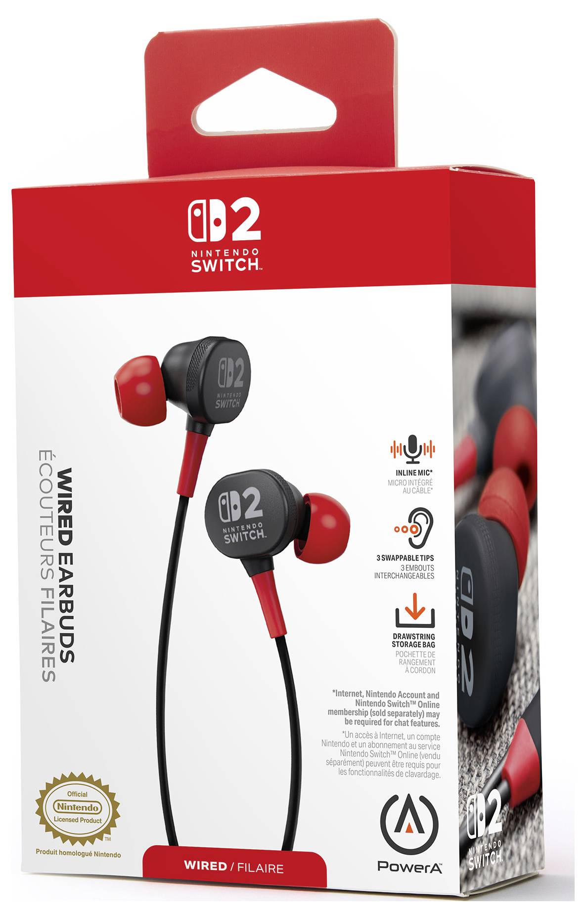 Balení sluchátek Nintendo Switch G2 s kabelovým připojením zobrazující červené a černé špunty do uší s integrovaným mikrofonem a ovládáním hlasitosti.